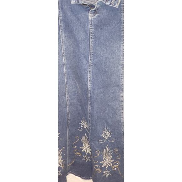 Long Blue Denim Maxi Skirt with Embroidered Floral Hem & Buckle Size 38 - Picture 5 of 6